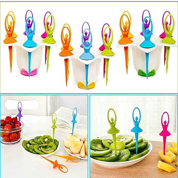 2046 DANCING DOLL FRUIT FORK CUTLERY SET WITH STAND SET OF 6. by DeoDap
